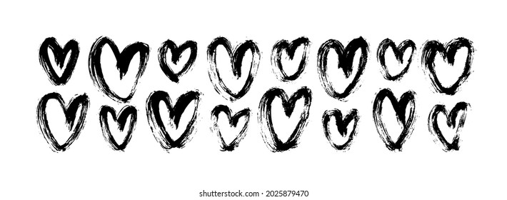 Black and white vector hearts collection. Various romantic charcoal pencil drawing pack. Vector illustrations set with abstract hearts. Grunge black cliparts isolated on white. Valentine day symbols
