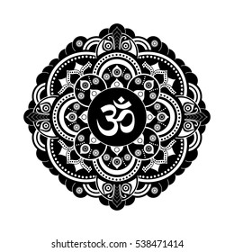 Black and white vector henna tatoo mandala. OM decorative symbol. Mehndi style.