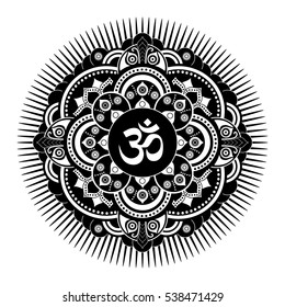 Black and white vector henna tatoo mandala. OM decorative symbol. Mehndi style.