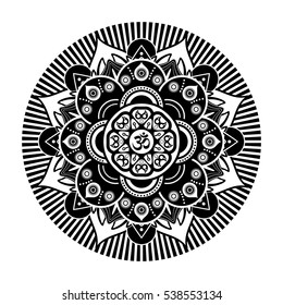 Black and white vector henna tatoo mandala. OM decorative symbol. Mehndi style.