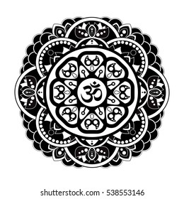 Black and white vector henna tatoo mandala. OM decorative symbol. Mehndi style.