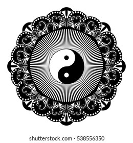Black and white vector henna tatoo mandala. Yin and yang decorative symbol. China style.
