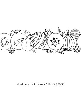 Black and white vector horizontal seamless bordure with christmas bauble. Doodle style for decoration, wrapping, coloring page.