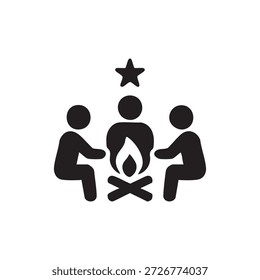 Schwarz-weißes Vektorsymbol der KI-Community um ein Lagerfeuer, das die Zusammenarbeit symbolisiert Brainstorming Mentorschaft und Innovation