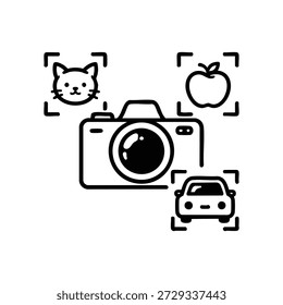 Black and white vector icon of AI image recognition camera detecting cat car and apple for programming and artificial intelligence