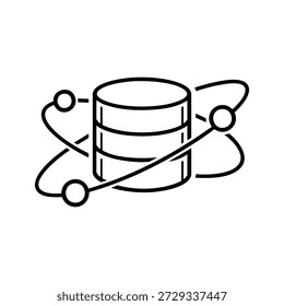 Ícone vetorial preto e branco do banco de dados de ciência de dados de IA com conexões orbitais para programação e inteligência artificial