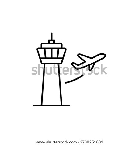 Black and white vector icon of airport control tower with departing airplane aviation infrastructure symbol