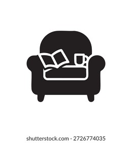 Icono de Vector blanco y negro de sillón con libro abierto y taza de café que simboliza el aprendizaje de la IA y el centro de conocimiento acogedor