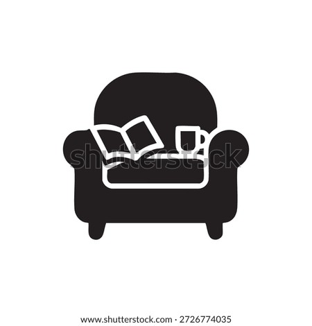 Black and white vector icon of armchair with open book and coffee cup symbolizing AI learning and cozy knowledge hub