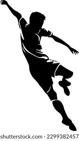 Black and white vector icon art drawing of a male competitor athlete soccer football player with arms in the air falling or kicking - athletic.