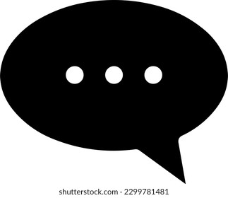 Black and white vector icon art drawing of a text bubble button with three dots as a visual representation of dialogue or spoken words in graphic art.