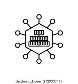 Schwarz-weißes Vektorsymbol eines neuronalen Netzwerks künstlicher Intelligenz mit Datenstapel und verbundenen Knoten für Programmierung und Technologie
