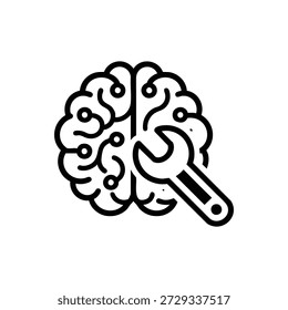 Icono de Vector blanco y negro de la inteligencia artificial con el símbolo de la llave inglesa para programar el aprendizaje automático y el desarrollo de la IA
