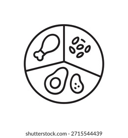 Icono de Vector blanco y negro de plato de dieta equilibrada con semillas de proteína, aguacate y porciones de alimentos saludables para la nutrición y la planificación de comidas