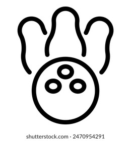 Black and white vector icon of a bowling ball striking pins