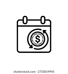 Calendario de iconos de Vector en blanco y negro con signo de dólar giratorio, pago recurrente y concepto de calendario financiero seguro para la ciberseguridad