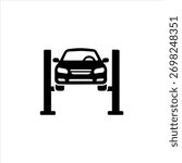 Black and white vector icon of a car on a hydraulic lift symbolizing vehicle inspection, auto repair, and mechanical maintenance service. Perfect for garage or service center logos.