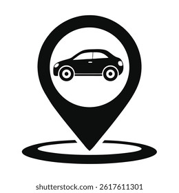 black and white vector icon of a car inside a location
