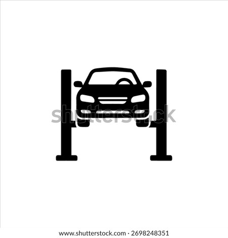 Black and white vector icon of a car on a hydraulic lift symbolizing vehicle inspection, auto repair, and mechanical maintenance service. Perfect for garage or service center logos.