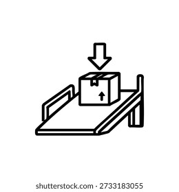 Icono de Vector blanco y negro de la carga de la caja de cartón en la rampa del almacén para la logística y el almacenamiento