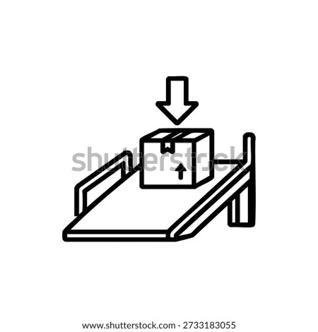Black and white vector icon of cardboard box loading on warehouse ramp for logistics and storage