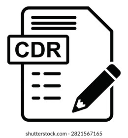 Black and white vector icon of a CDR file document with a pencil. Symbolizes CorelDRAW editing, design work, and digital illustration tools.