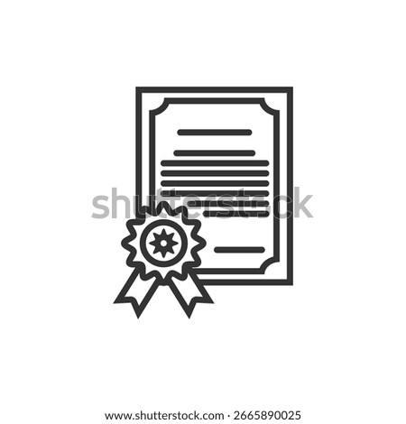A black and white vector icon of a certificate with a ribbon seal, symbolizing formal recognition or certification.