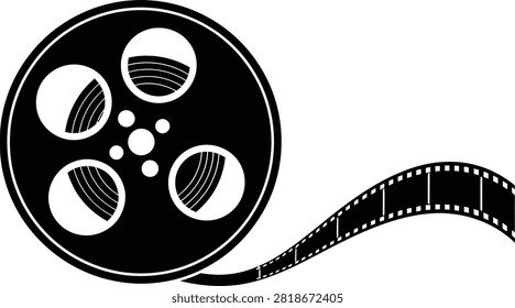 A black and white vector icon of a classic film reel with a trailing strip of movie celluloid.