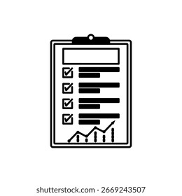 Icono de Vector en blanco y negro de un Portapapeles con una lista de verificación completada y una tabla de progreso. Perfecto para su uso en negocios, productividad, gestión de proyectos, análisis, ícono de Portapapeles