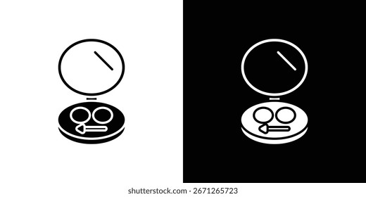 Black and white vector icon of a compact makeup palette with mirror and applicator. Isolated on white and black backgrounds.