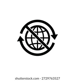 Icono de Vector blanco y negro de globo tachado con flechas que simbolizan que no hay reciclaje global o restricciones ambientales