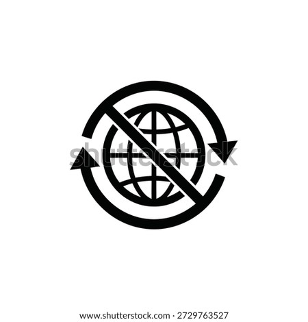 Black and white vector icon of crossed out globe with arrows symbolizing no global recycling or environmental restrictions