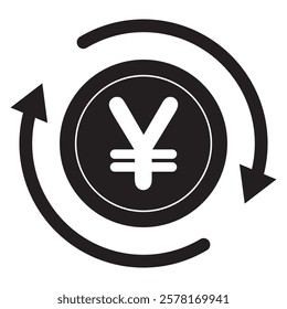 Black and white vector icon of currency symbol used for both the Japanese Yen and the Chinese Yuan inside a circle with rotating arrows, representing exchange, finance, money, trade and transaction   