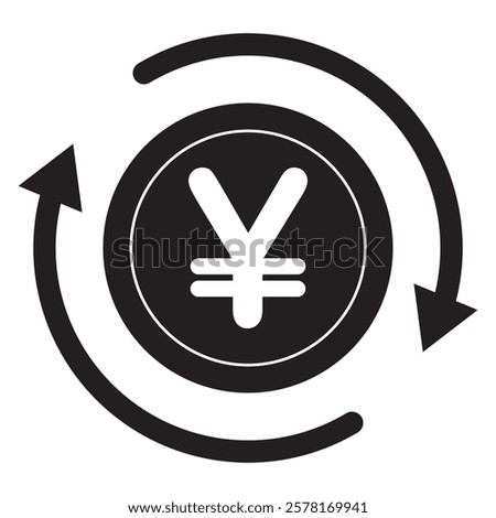 Black and white vector icon of currency symbol used for both the Japanese Yen and the Chinese Yuan inside a circle with rotating arrows, representing exchange, finance, money, trade and transaction   