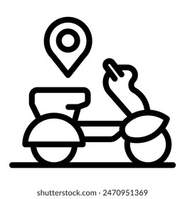 Icono de Vector blanco y negro de un scooter de entrega con un pin de ubicación