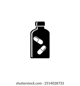 Black and white vector icon depicting a medicine bottle with pills.