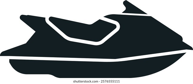 Black and white vector icon depicting a jet ski, capturing the essence of summer activities, water sports, and recreational vehicles for leisure and adventure enthusiasts