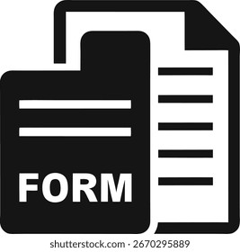 A black and white vector icon depicting two stacked documents, one clearly labeled 'FORM' with lines of text, representing paperwork or data entry, isolated on white.