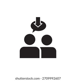 Schwarz-weißes Vektorsymbol, das zwei menschliche Figuren nebeneinander mit einer Sprechblase über ihnen darstellt, die einen nach unten zeigenden Pfeil enthält, der Download, Eingabe oder Empfang von Informationen symbolisiert.