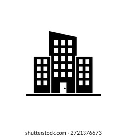 Black and white vector icon depicting multistory office or apartment building