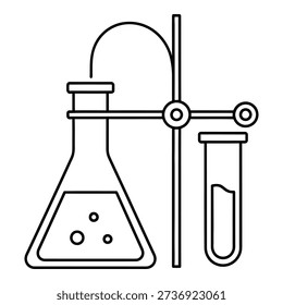 Black and white vector icon depicting a scientific experiment setup. It features an Erlenmeyer flask and a test tube held by a retort stand.