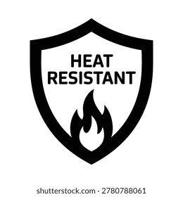 Black and white vector icon depicting a shield with a flame inside, representing heat resistance