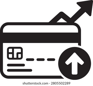 A black and white vector icon depicting a credit card with an upward trend arrow.