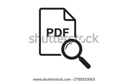 Black and white vector icon depicting a PDF document file being searched or examined with a magnifying glass, symbolizing digital information discovery and analysis.