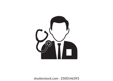 A black and white vector icon of a doctor wearing a suit and stethoscope. Minimalist design, perfect for healthcare, medical, or professional-related graphics.