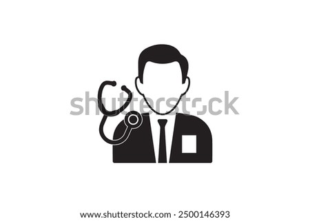 A black and white vector icon of a doctor wearing a suit and stethoscope. Minimalist design, perfect for healthcare, medical, or professional-related graphics.