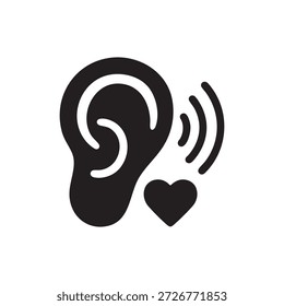 Icono de Vector blanco y negro de oído de escucha AI empático con ondas de corazón y sonido