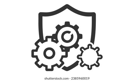 A black and white vector icon featuring a shield with three interlocking gears, representing system protection, settings security, or operational safeguarding in technology.