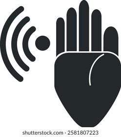 A black and white vector icon featuring a raised hand with curved signal waves beside it. This symbol represents stopping, communication, signal detection, or gesture control.