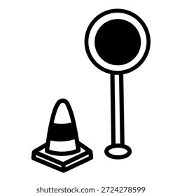 Icono de Vector en blanco y negro con un cono de tráfico y una señal de tráfico. Ilustración plana moderna para temas de seguridad, precaución, navegación, calle, construcción y tráfico urbano.